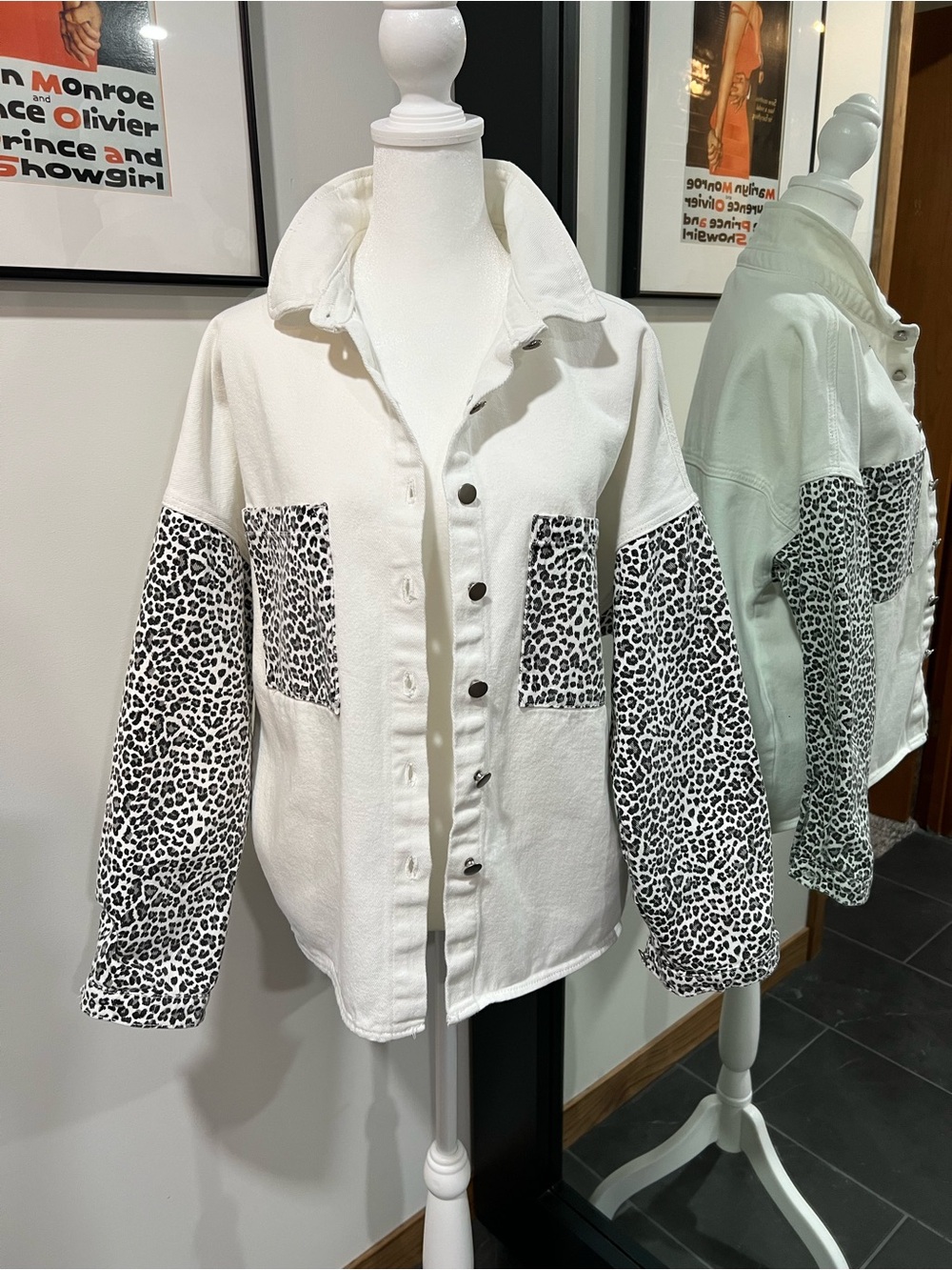 White Button-Up Jacket with Black Leopard Panels Over-Sized Boyfriend S